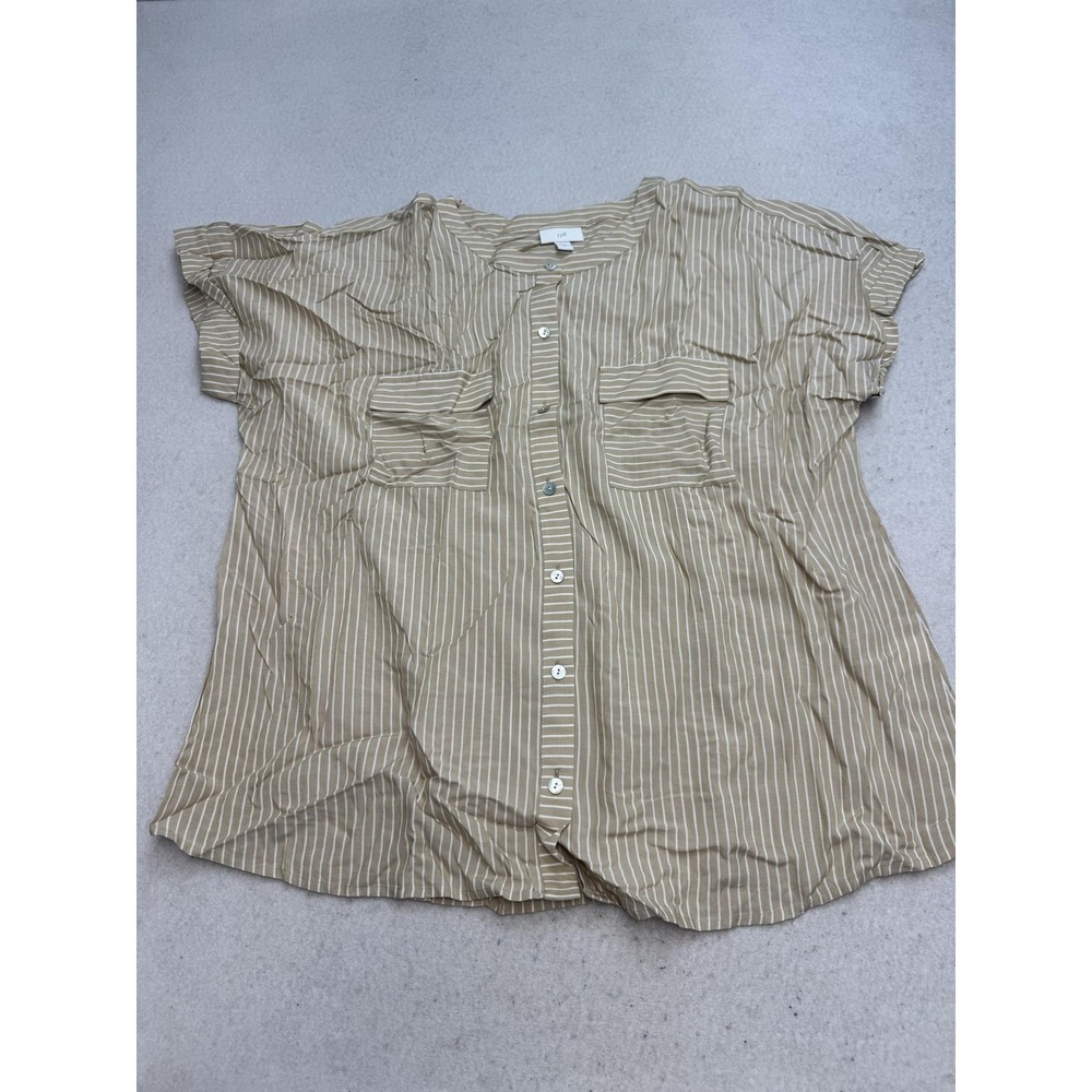 J. Jill Shirt Women's XL Beige Tan Striped Button Front Rayon Cap Sleeve Top